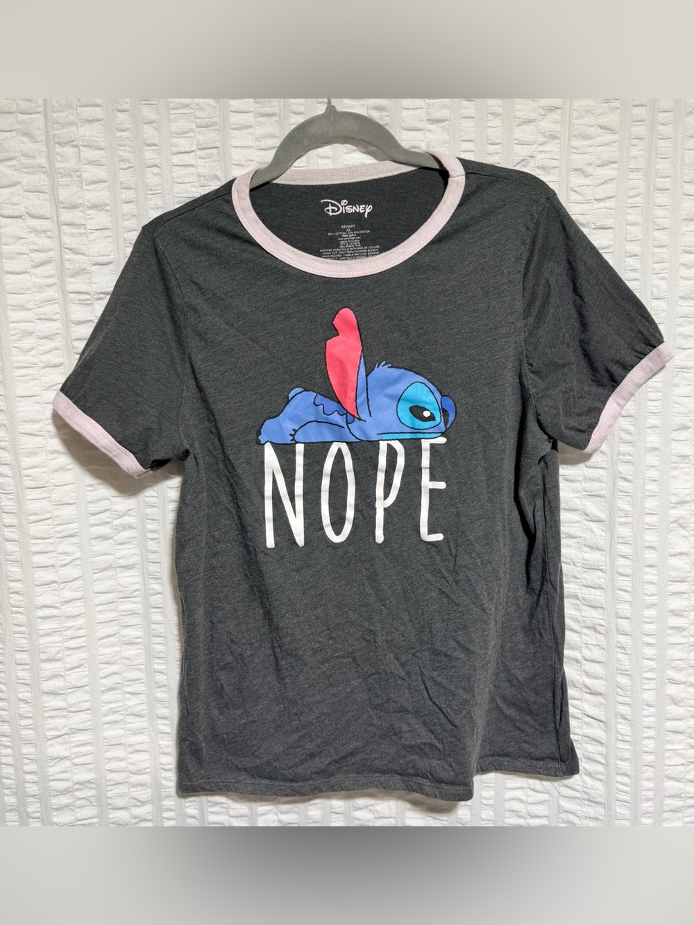 Womens Adult Gray T-Shirt with Blue Cartoon Character and 'NOPE' Print